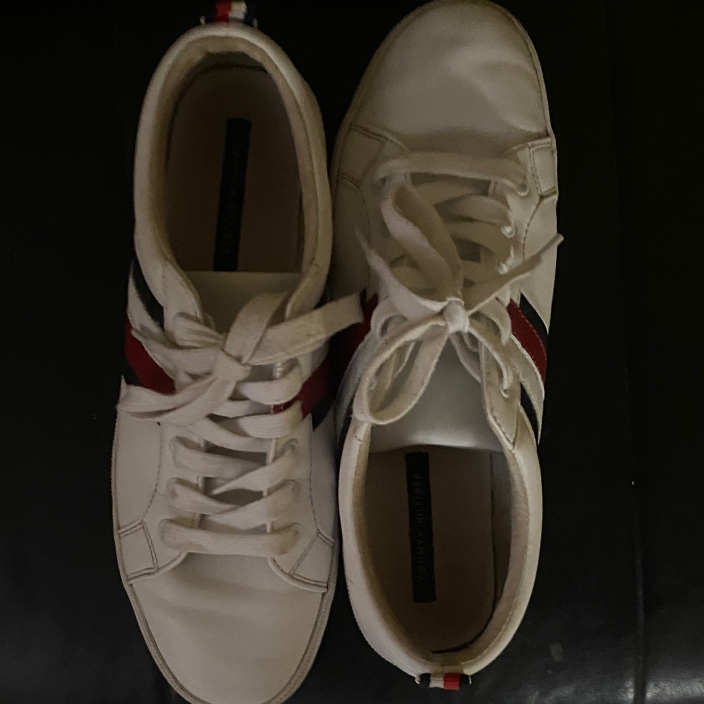 Men's White Sneakers with Red and Black Stripes